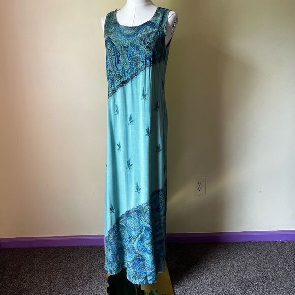 90s Y2K Ocean Blue Embroidered Tank Maxi Dress Boho Hippie Small - Picture 9 of 10